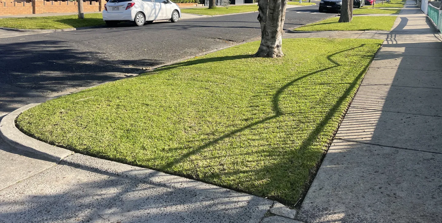 A street nature strip with short, evenly mowed green grass, and great edges