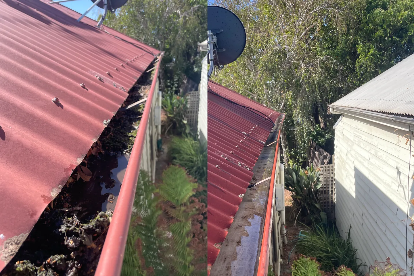 Before and after comparison of a roof gutter in Seddon clogged with sludge vs completely cleared